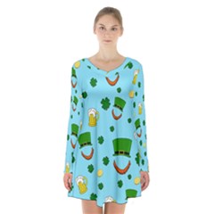 St  Patrick s Day Pattern Long Sleeve Velvet V-neck Dress by Valentinaart