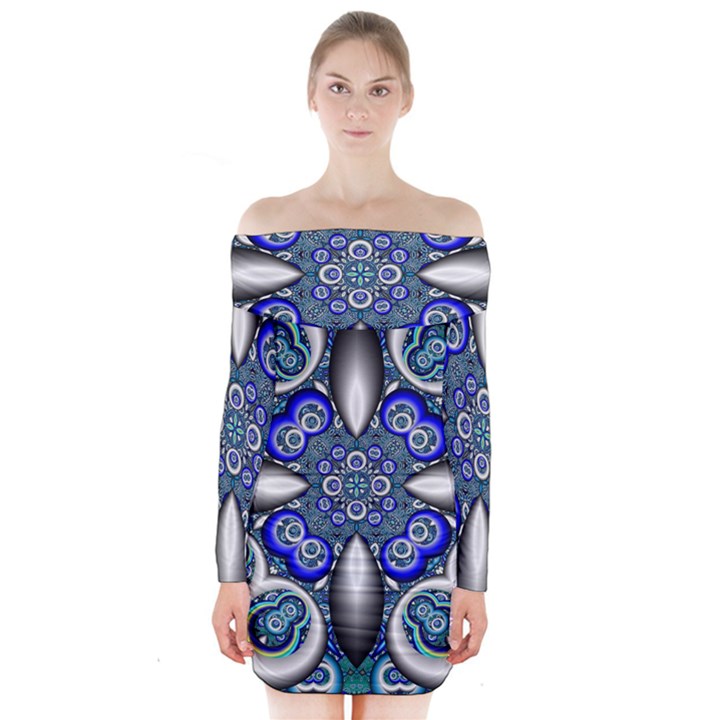 Fractal Cathedral Pattern Mosaic Long Sleeve Off Shoulder Dress