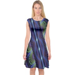 Fractal Blue Lines Colorful Capsleeve Midi Dress