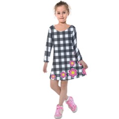 Floral Plaid Pattern Kids  Long Sleeve Velvet Dress