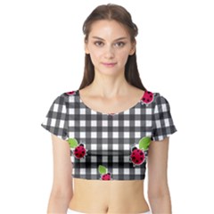 Ladybugs Plaid Pattern Short Sleeve Crop Top (tight Fit) by Valentinaart