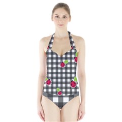 Ladybugs Plaid Pattern Halter Swimsuit by Valentinaart