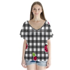 Ladybugs Plaid Pattern Flutter Sleeve Top