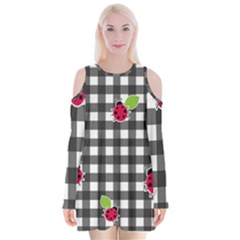 Ladybugs Plaid Pattern Velvet Long Sleeve Shoulder Cutout Dress