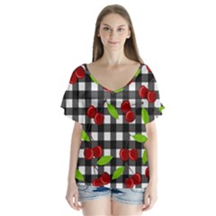 Cherries Plaid Pattern  Flutter Sleeve Top