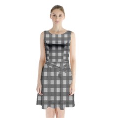 Gray Plaid Pattern Sleeveless Chiffon Waist Tie Dress