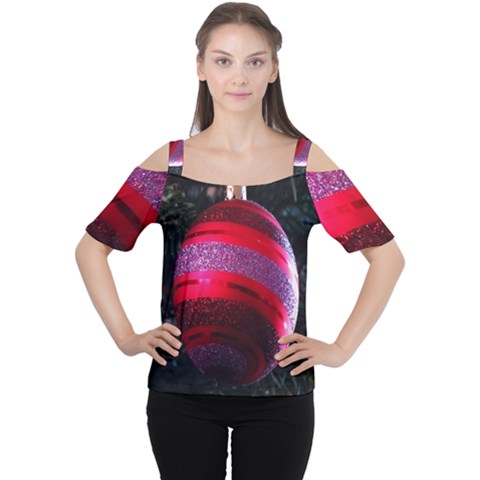 Glass Ball Decorated Beautiful Red Women s Cutout Shoulder Tee by Nexatart