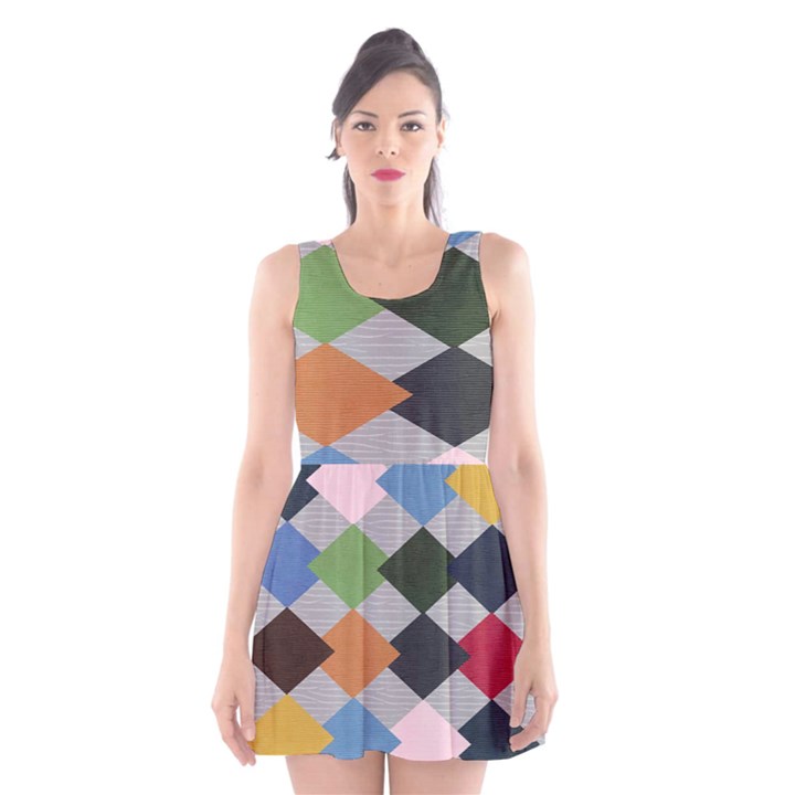 Leather Colorful Diamond Design Scoop Neck Skater Dress