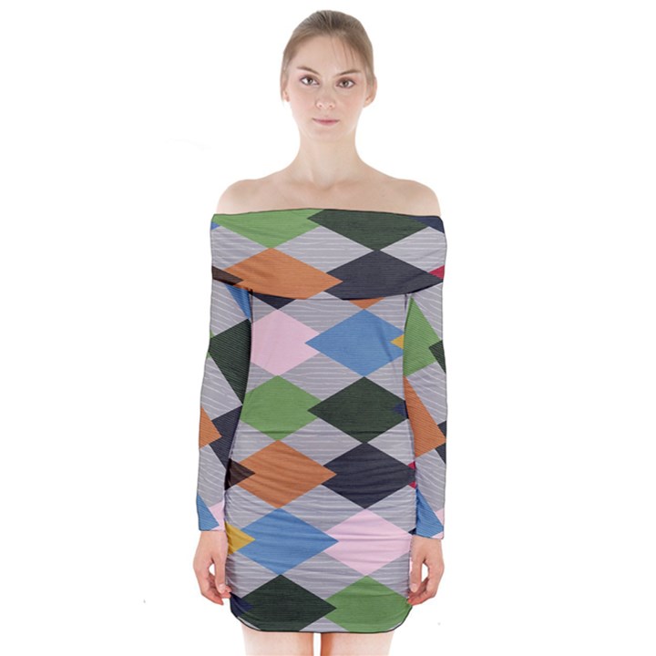 Leather Colorful Diamond Design Long Sleeve Off Shoulder Dress