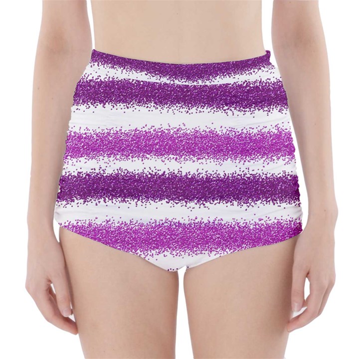 Metallic Pink Glitter Stripes High-Waisted Bikini Bottoms