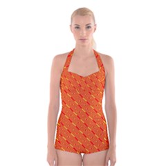 Orange Pattern Background Boyleg Halter Swimsuit  by Nexatart