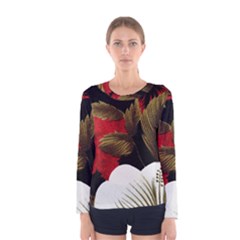 Paradis Tropical Fabric Background In Red And White Flora Women s Long Sleeve Tee