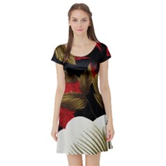 Paradis Tropical Fabric Background In Red And White Flora Short Sleeve Skater Dress