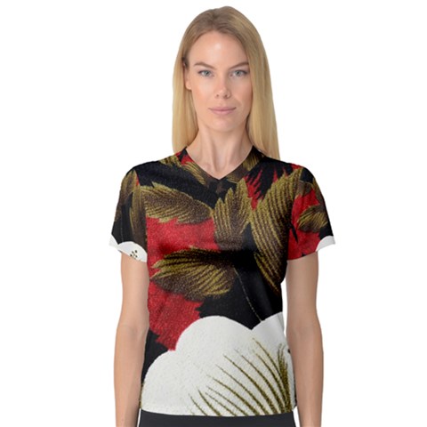 Paradis Tropical Fabric Background In Red And White Flora Women s V-neck Sport Mesh Tee by Nexatart