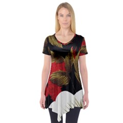 Paradis Tropical Fabric Background In Red And White Flora Short Sleeve Tunic  by Nexatart