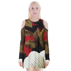 Paradis Tropical Fabric Background In Red And White Flora Velvet Long Sleeve Shoulder Cutout Dress by Nexatart