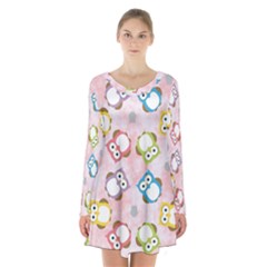 Owl Bird Cute Pattern Long Sleeve Velvet V-neck Dress by Nexatart