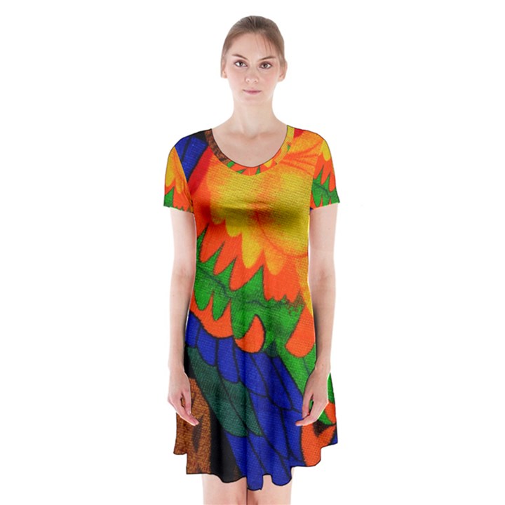 Parakeet Colorful Bird Animal Short Sleeve V-neck Flare Dress