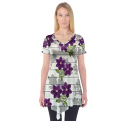 Purple Vintage Flowers Short Sleeve Tunic  by Valentinaart