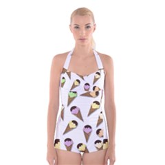 Ice cream pattern Boyleg Halter Swimsuit 