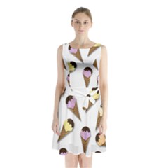 Ice cream pattern Sleeveless Chiffon Waist Tie Dress