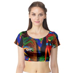 Parrots Aras Lori Parakeet Birds Short Sleeve Crop Top (tight Fit) by Nexatart