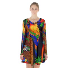 Parrots Aras Lori Parakeet Birds Long Sleeve Velvet V-neck Dress by Nexatart