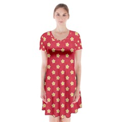 Pattern Felt Background Paper Red Short Sleeve V-neck Flare Dress