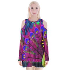 Peacock Abstract Digital Art Velvet Long Sleeve Shoulder Cutout Dress by Nexatart