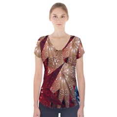 Poinsettia Red Blue White Short Sleeve Front Detail Top by Nexatart