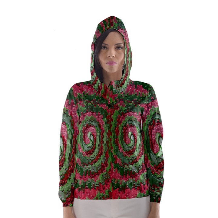 Red Green Swirl Twirl Colorful Hooded Wind Breaker (Women)