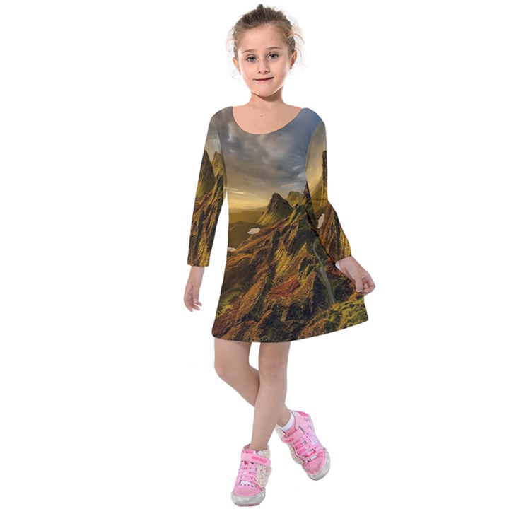 Scotland Landscape Scenic Mountains Kids  Long Sleeve Velvet Dress