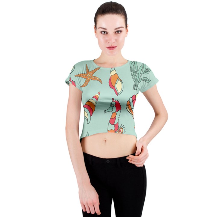 Seahorse Seashell Starfish Shell Crew Neck Crop Top