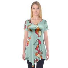 Seahorse Seashell Starfish Shell Short Sleeve Tunic  by Nexatart