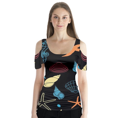 Seahorse Starfish Seashell Shell Butterfly Sleeve Cutout Tee  by Nexatart