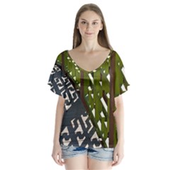 Shadow Reflections Casting From Japanese Garden Fence Flutter Sleeve Top by Nexatart