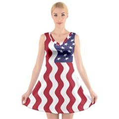 American Flag V-neck Sleeveless Skater Dress by OneStopGiftShop