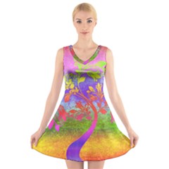 Tree Colorful Mystical Autumn V-neck Sleeveless Skater Dress by Nexatart