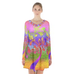 Tree Colorful Mystical Autumn Long Sleeve Velvet V-neck Dress by Nexatart