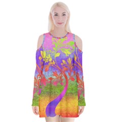 Tree Colorful Mystical Autumn Velvet Long Sleeve Shoulder Cutout Dress by Nexatart