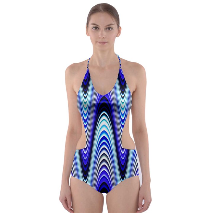 Waves Wavy Blue Pale Cobalt Navy Cut-Out One Piece Swimsuit