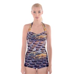 Worker Bees On Honeycomb Boyleg Halter Swimsuit 