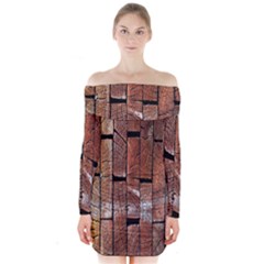 Wood Logs Wooden Background Long Sleeve Off Shoulder Dress by Nexatart