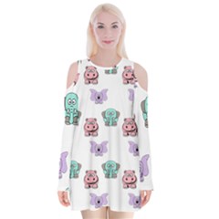 Animals Pastel Children Colorful Velvet Long Sleeve Shoulder Cutout Dress