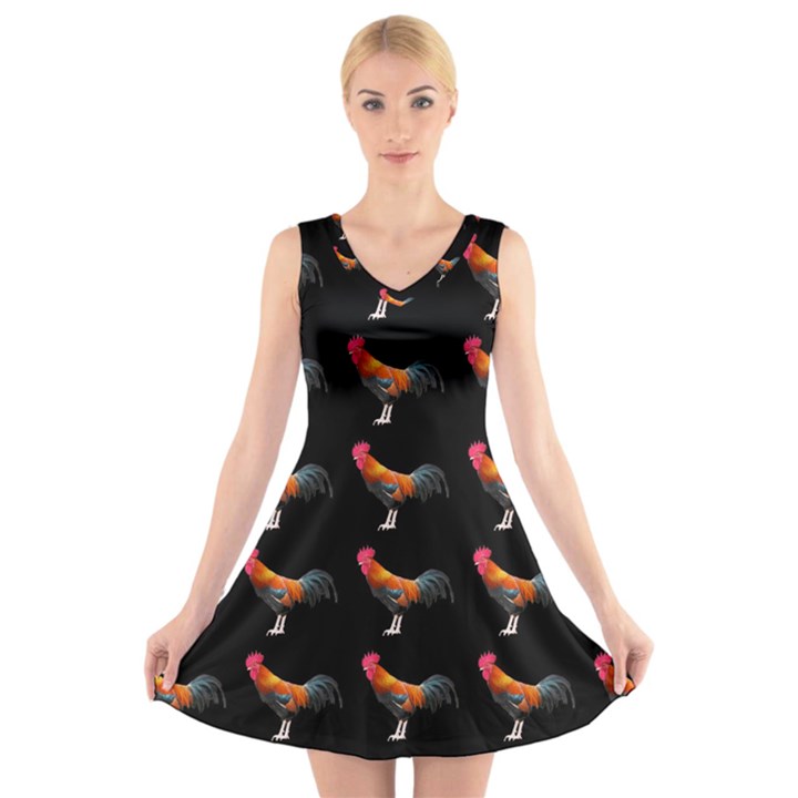 Background Pattern Chicken Fowl V-Neck Sleeveless Skater Dress