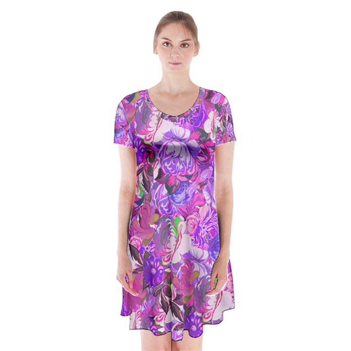 Flowers Abstract Digital Art Short Sleeve V-neck Flare Dress