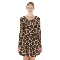 Giraffe Animal Print Skin Fur Long Sleeve Velvet V-neck Dress