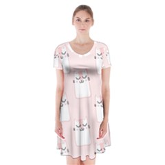 Pattern Cat Pink Cute Sweet Fur Short Sleeve V-neck Flare Dress by Amaryn4rt