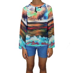 Ocean Waves Birds Colorful Sea Kids  Long Sleeve Swimwear by Amaryn4rt