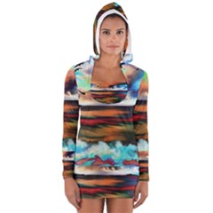 Ocean Waves Birds Colorful Sea Women s Long Sleeve Hooded T-shirt by Amaryn4rt